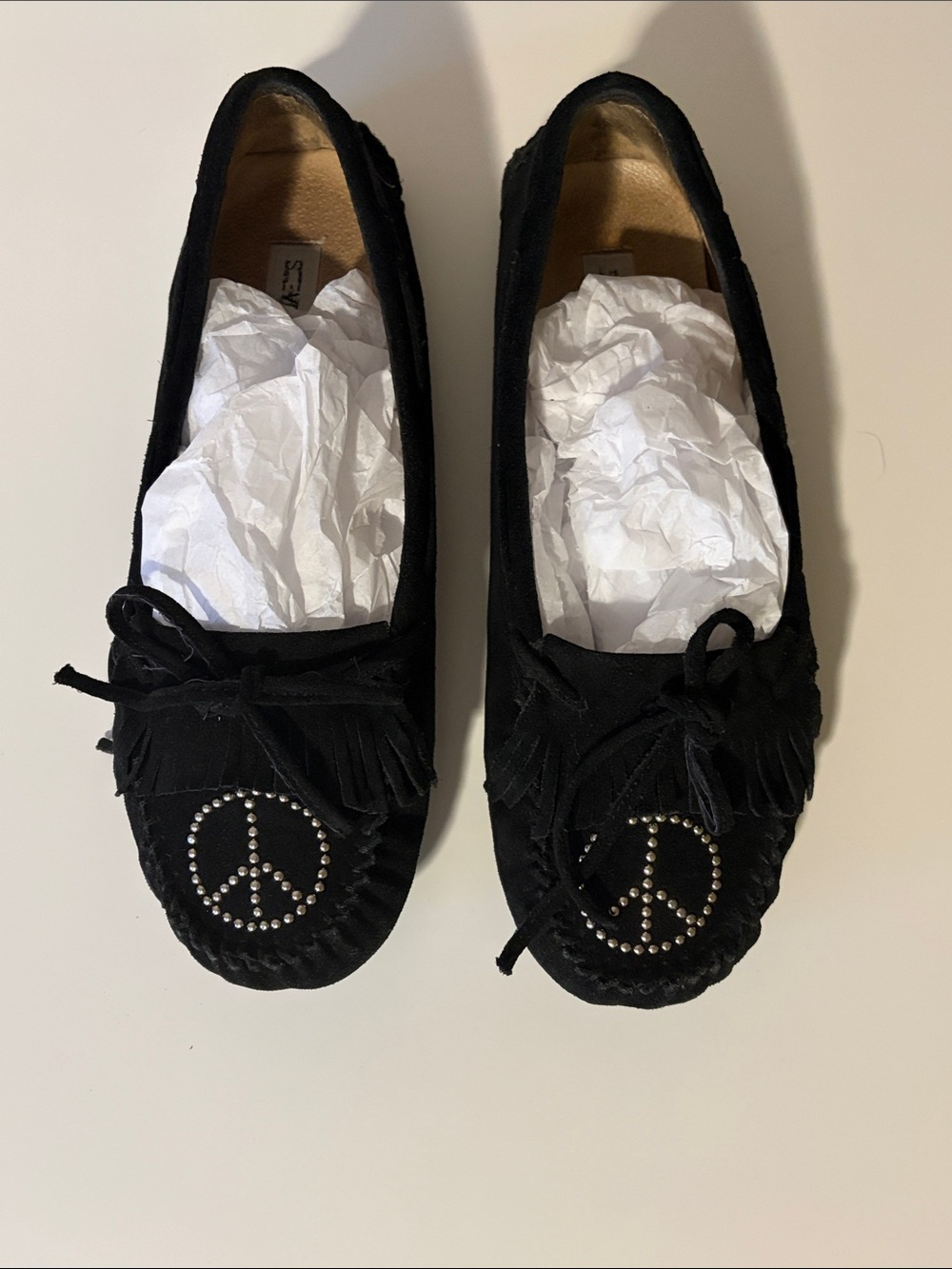 2010 Steve Madden moccasins with studded peace sign detail